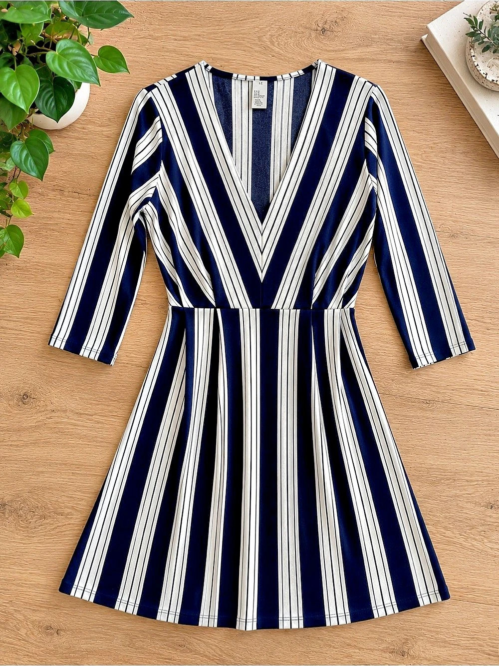 H&M Striped V-Neck Mini Dress in Blue & White